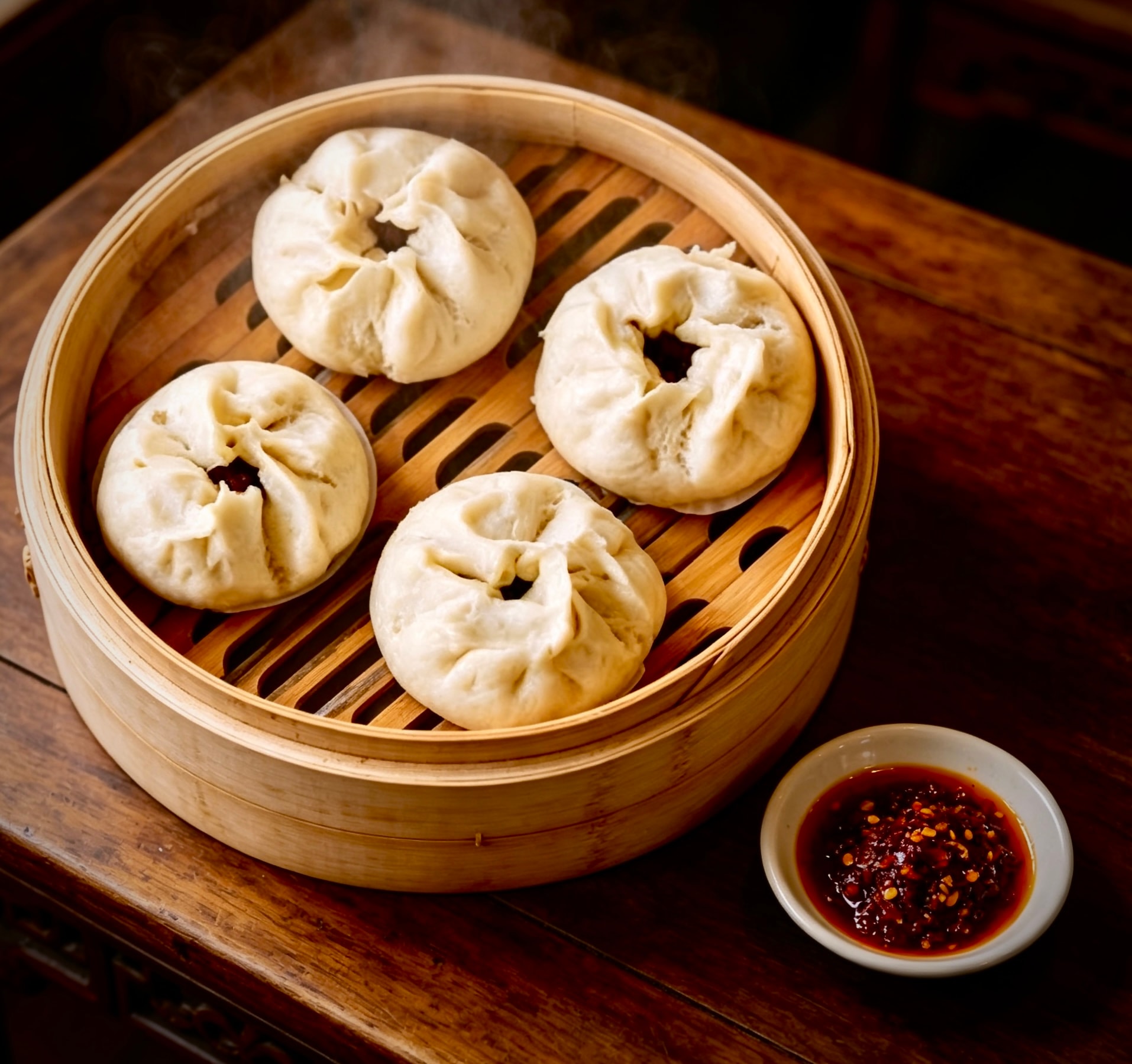 Steamed bao buns in a bamboo steamer with chilli dipping sauce