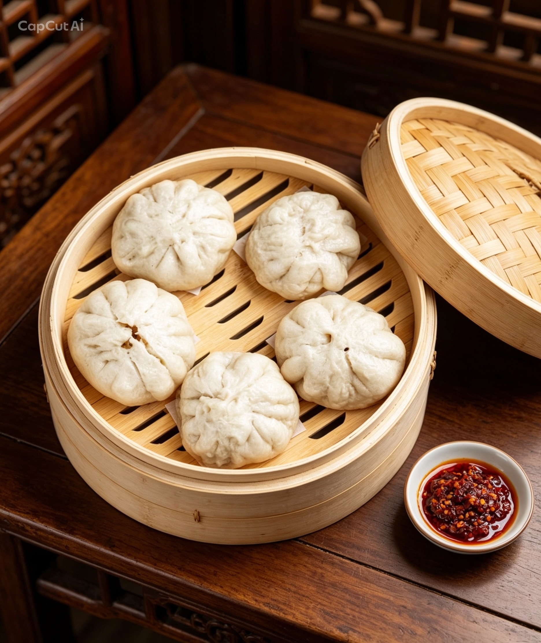 Steamed bao buns in an open bamboo basket with chilli sauce on a wooden table