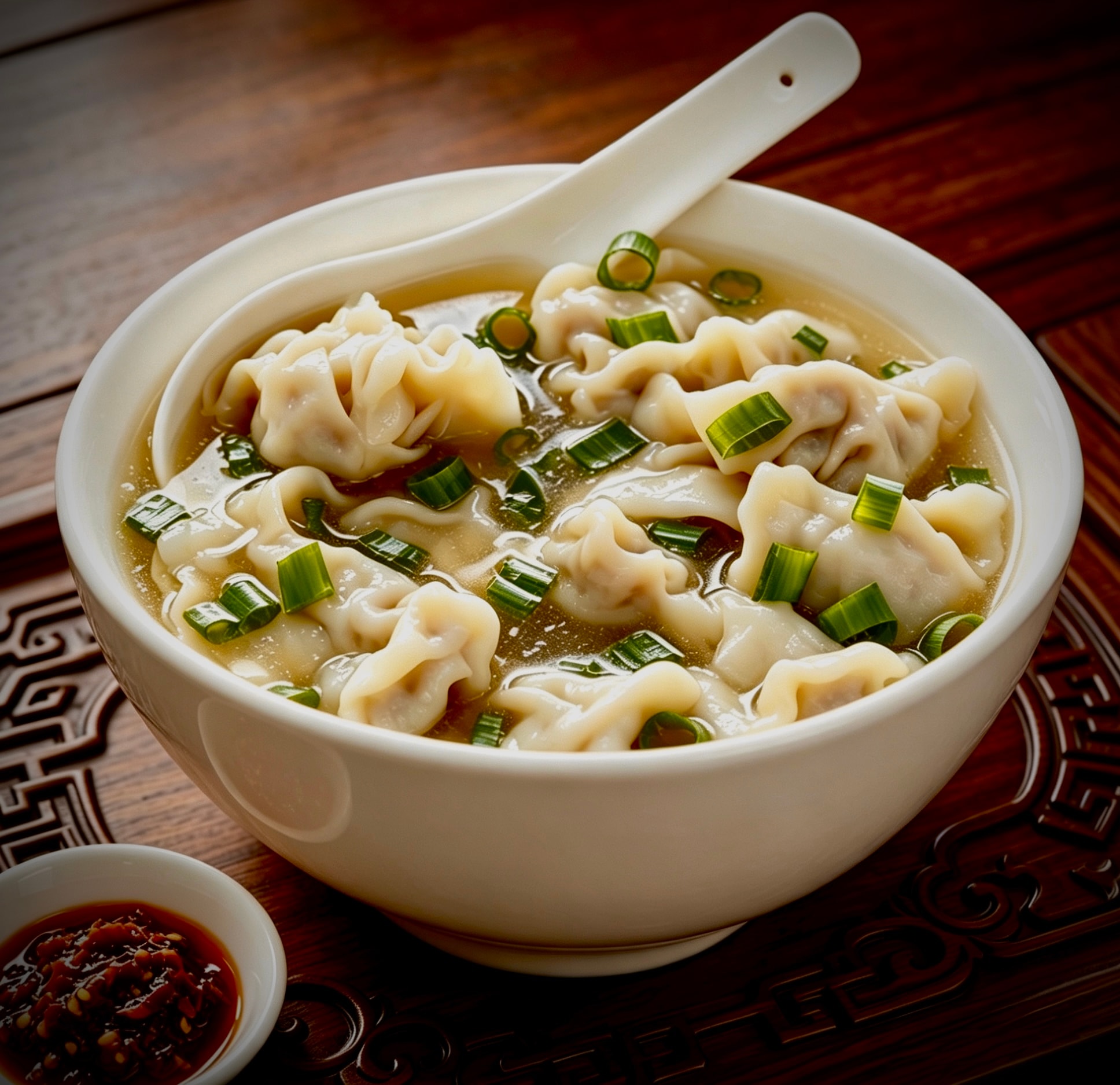Wonton soup with scallion in a white bowl with dipping sauce