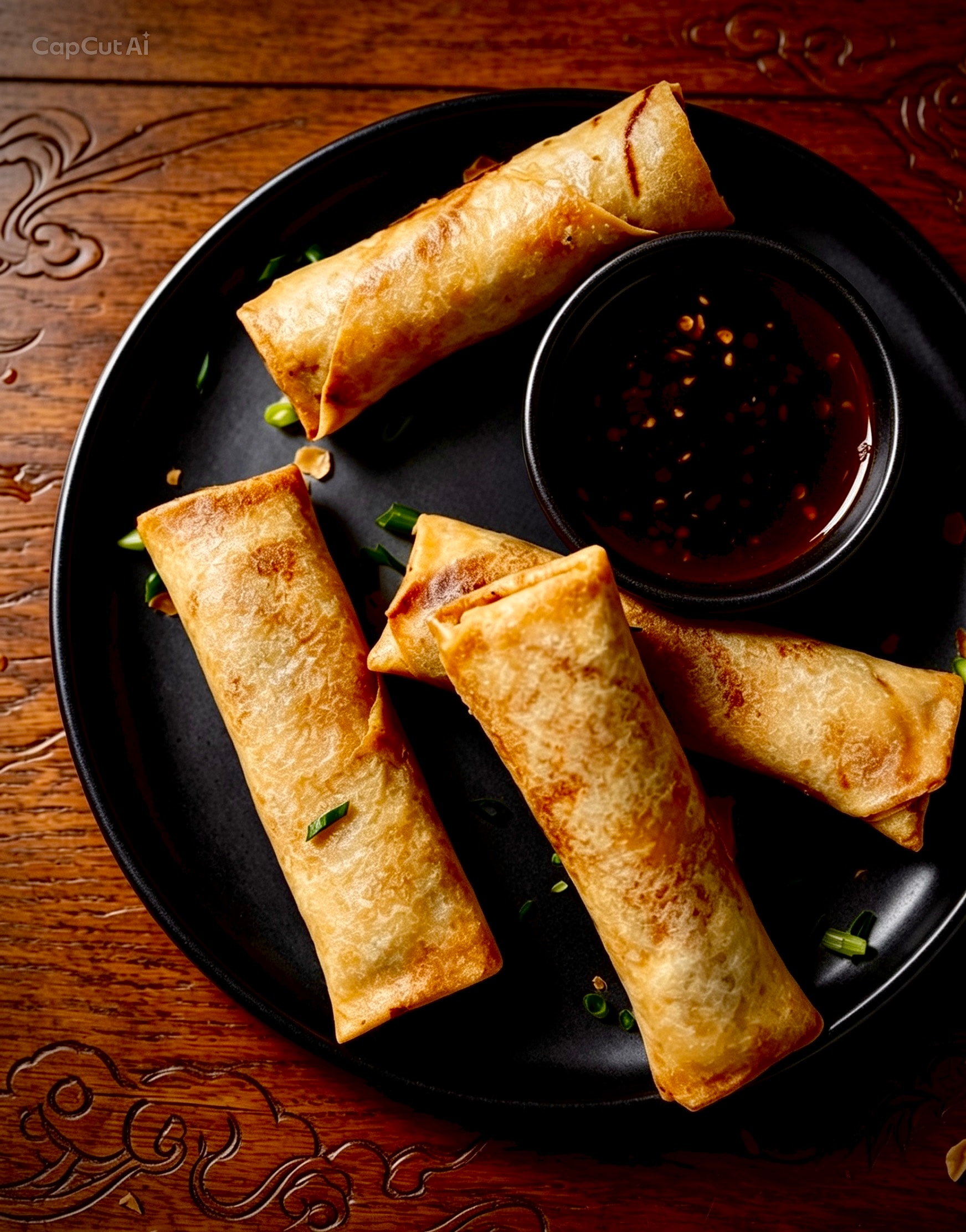Crispy spring rolls on a black plate with sesame dipping sauce