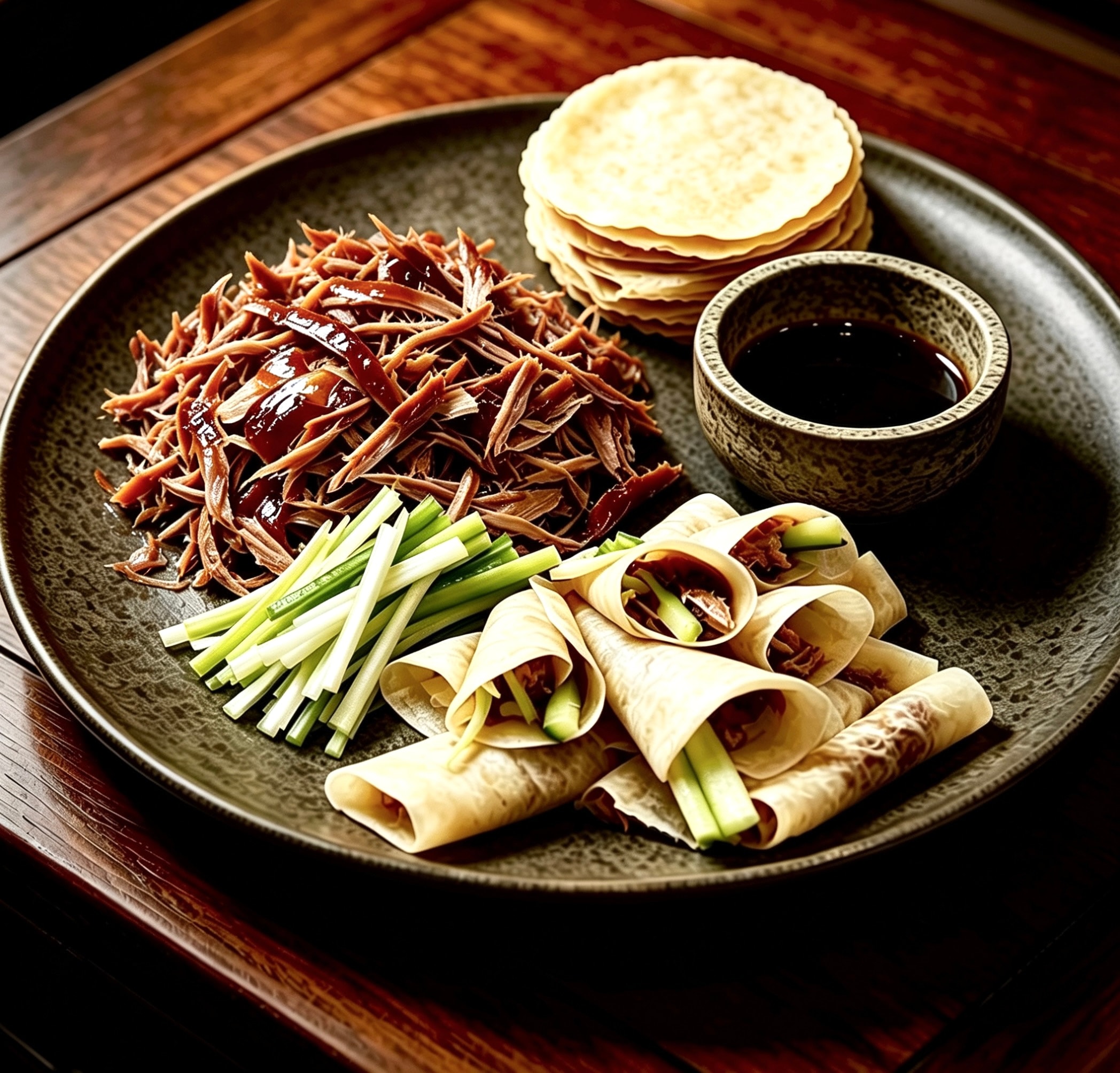 Peking duck with pancakes, cucumber, scallion and hoisin sauce