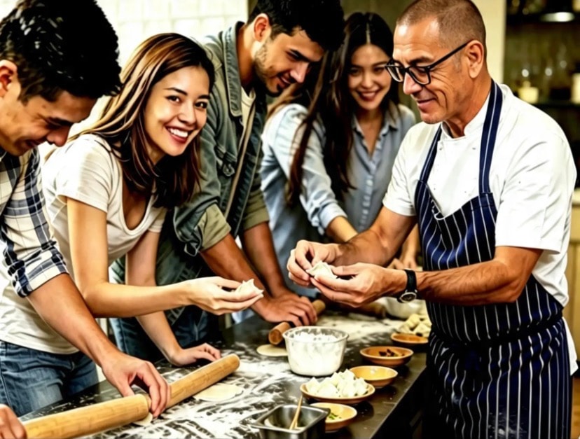Instructor teaching dumpling folding technique